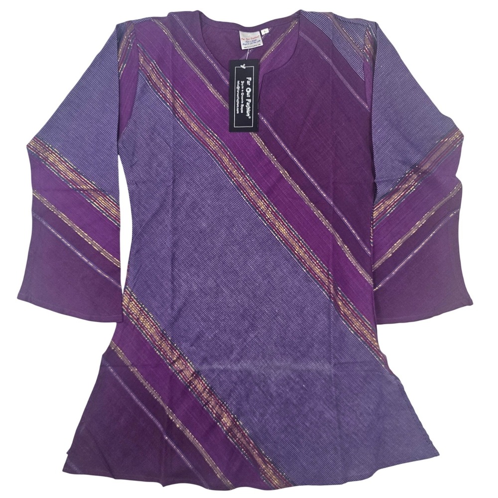 Far Out Fashion Purple Striped Metallic V-Neck Bell Sleeve Tunic Top‎ Large NEW